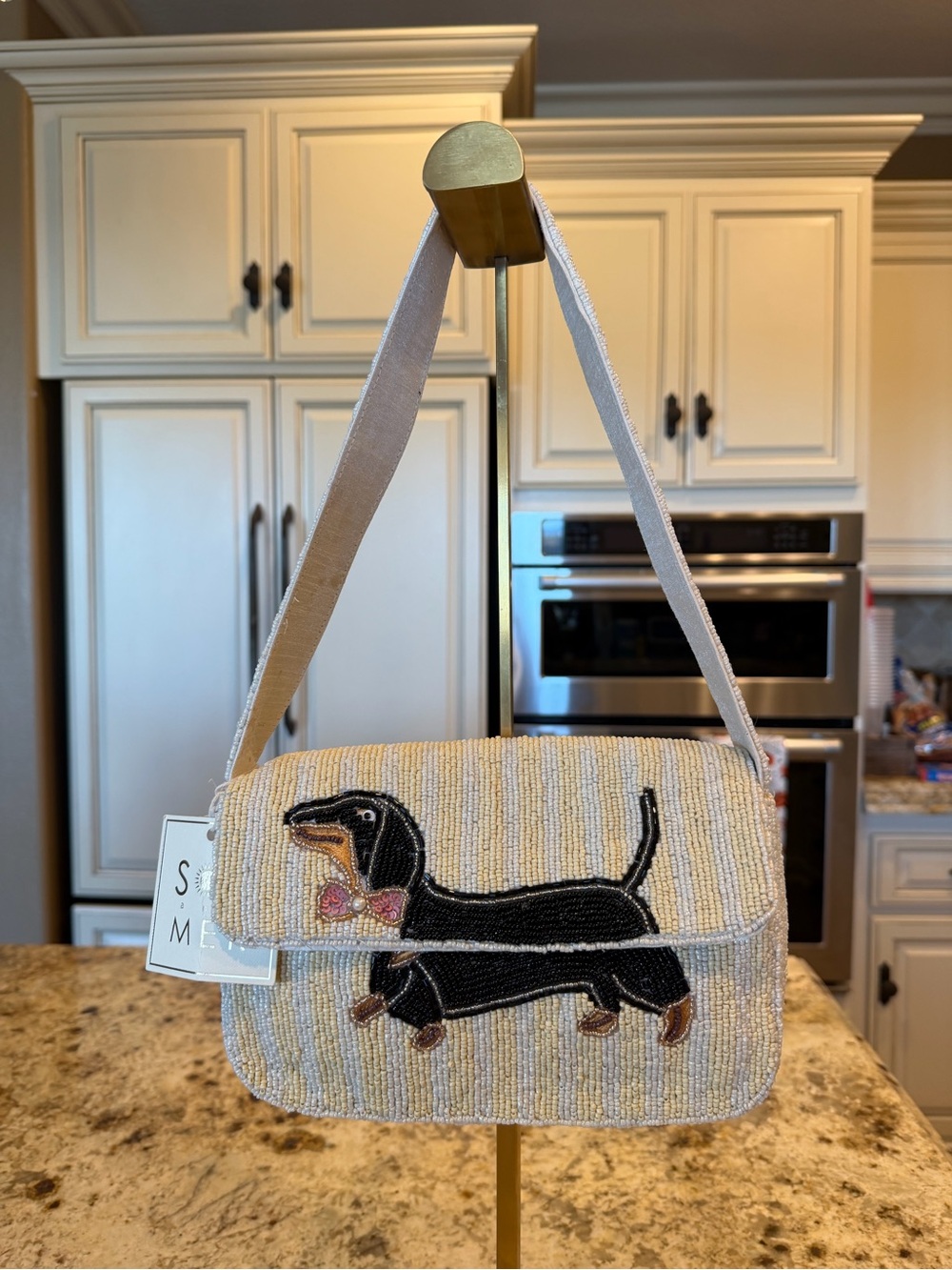 Sol and Mer Beaded Beige Dachshund Shoulder Bag